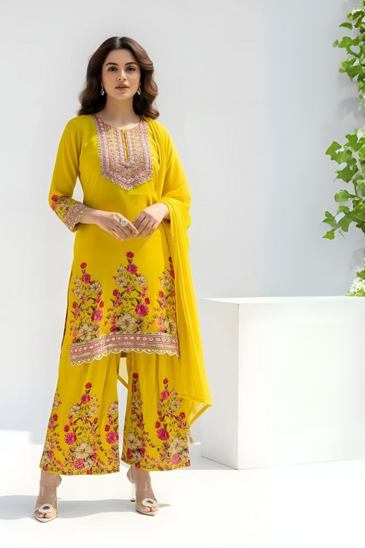 Yellow Georgette Floral Sharara Set