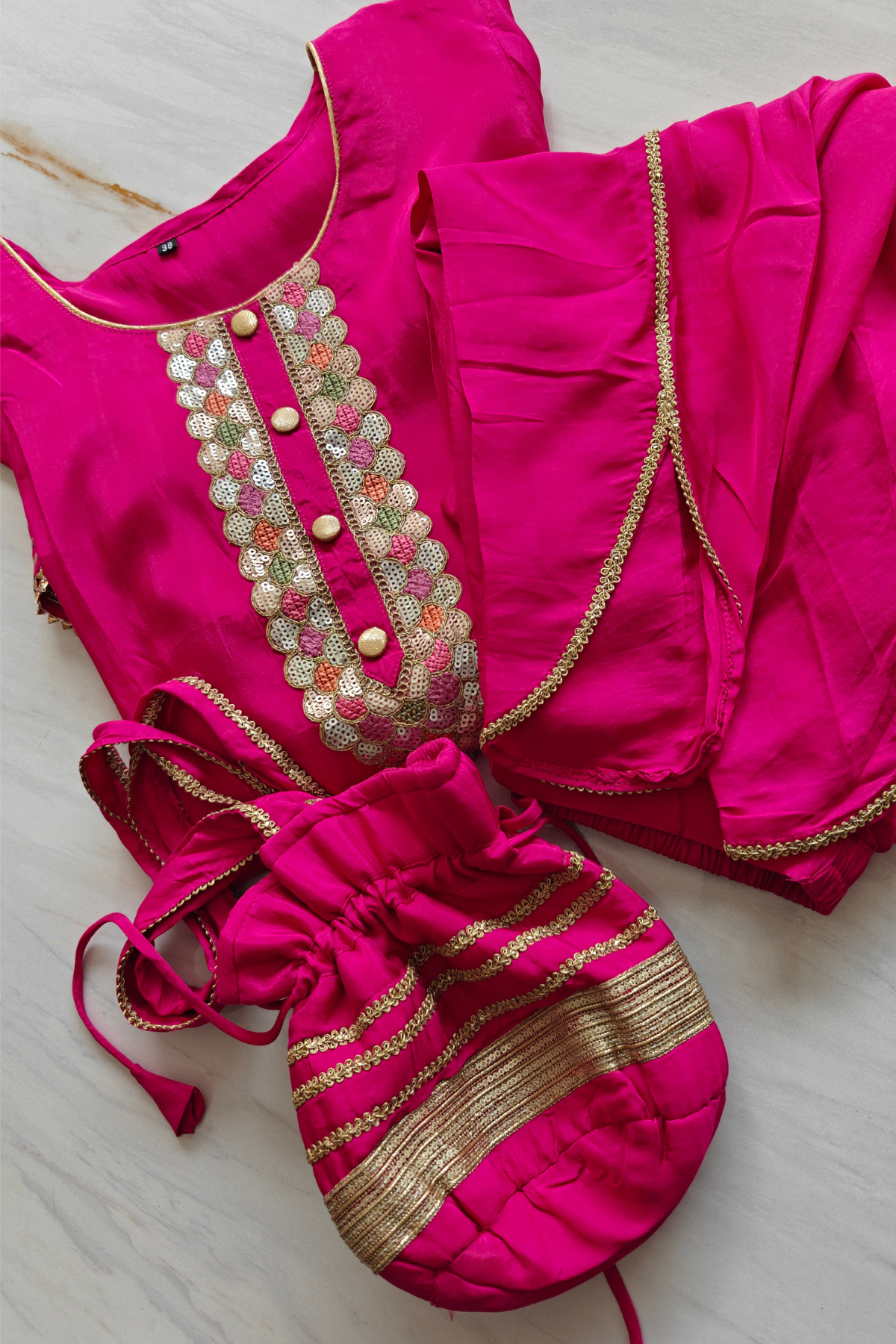 Magenta Crepe Kurta Set with Potli