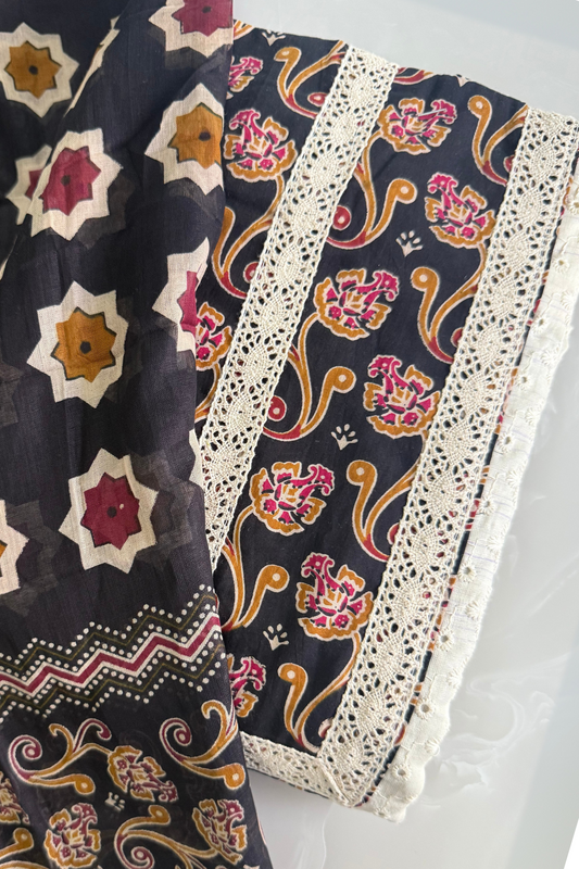 Ajrakh Patchwork Cotton Lace Suit