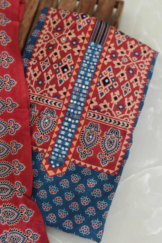 Muslin Ajrakh Mirror Work Suit Set