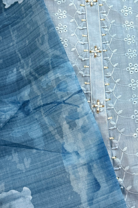 Ombre Blue Lace Embroidery Suit Set