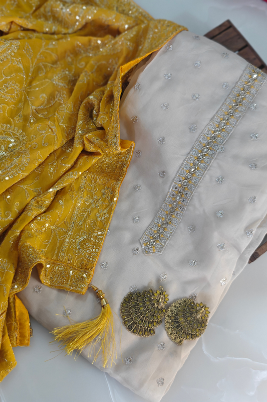 Organza Suit Set with Yellow Sequin Dupatta