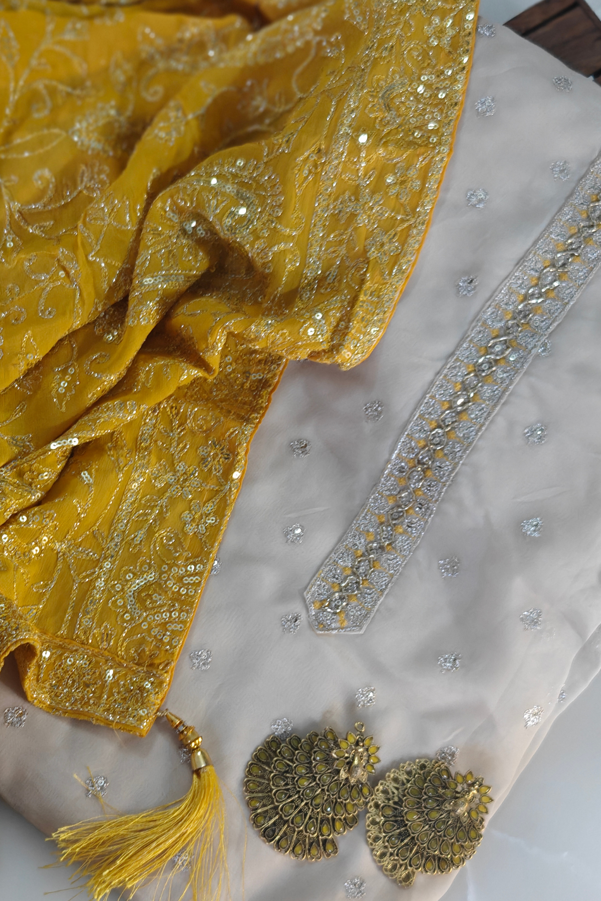 Organza Suit Set with Yellow Sequin Dupatta