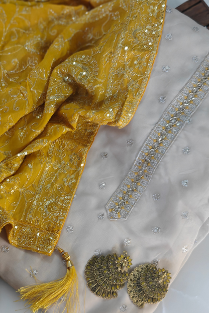 Organza Suit Set with Yellow Sequin Dupatta