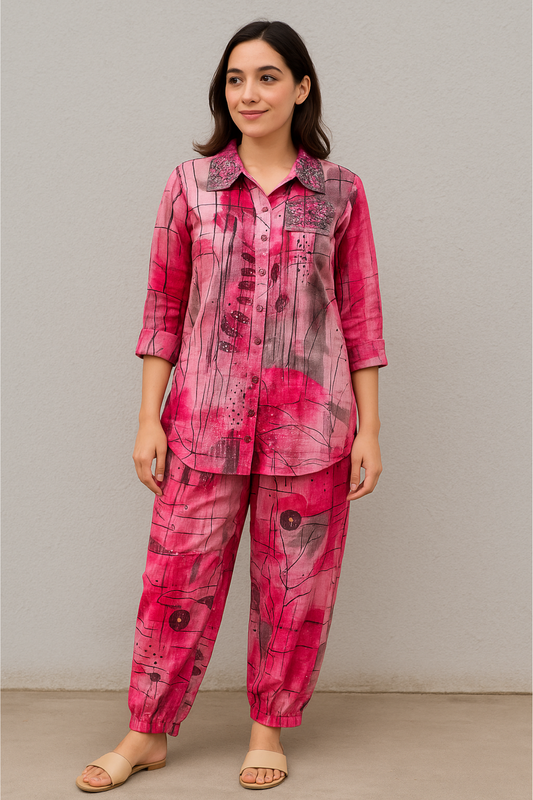 Pink Abstract Print Kurta with Embellished Collar