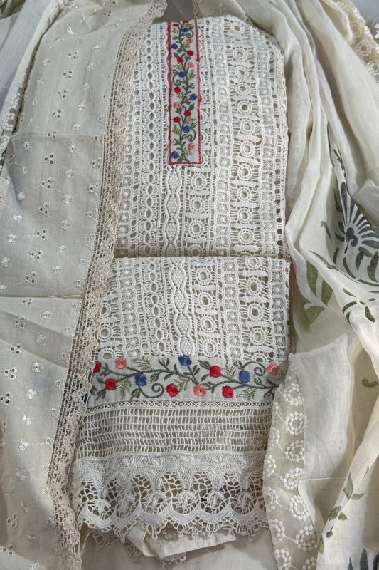 Crochet Lace Suit with Floral Embroidery