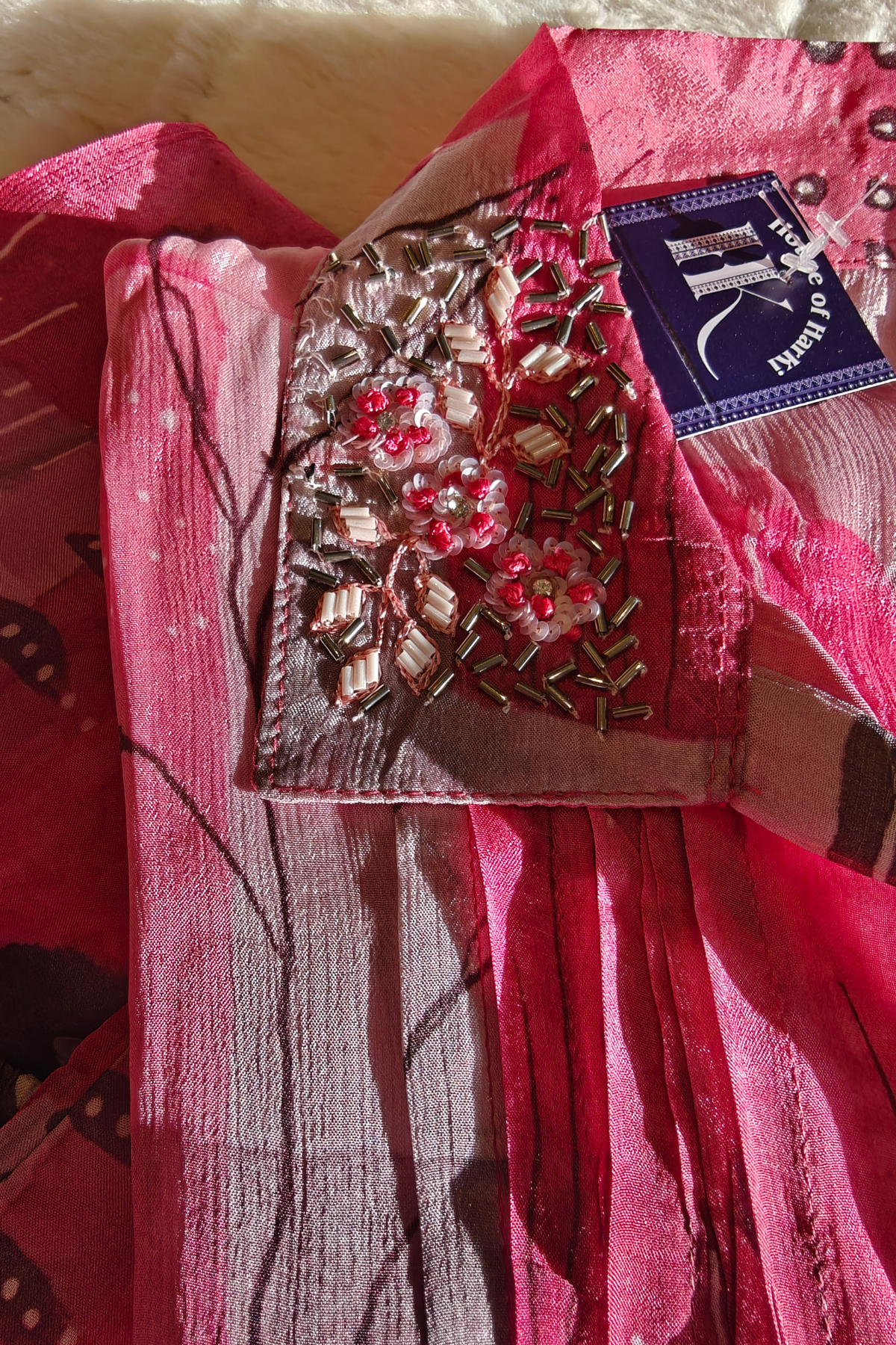 Pink Abstract Print Kurta with Embellished Collar