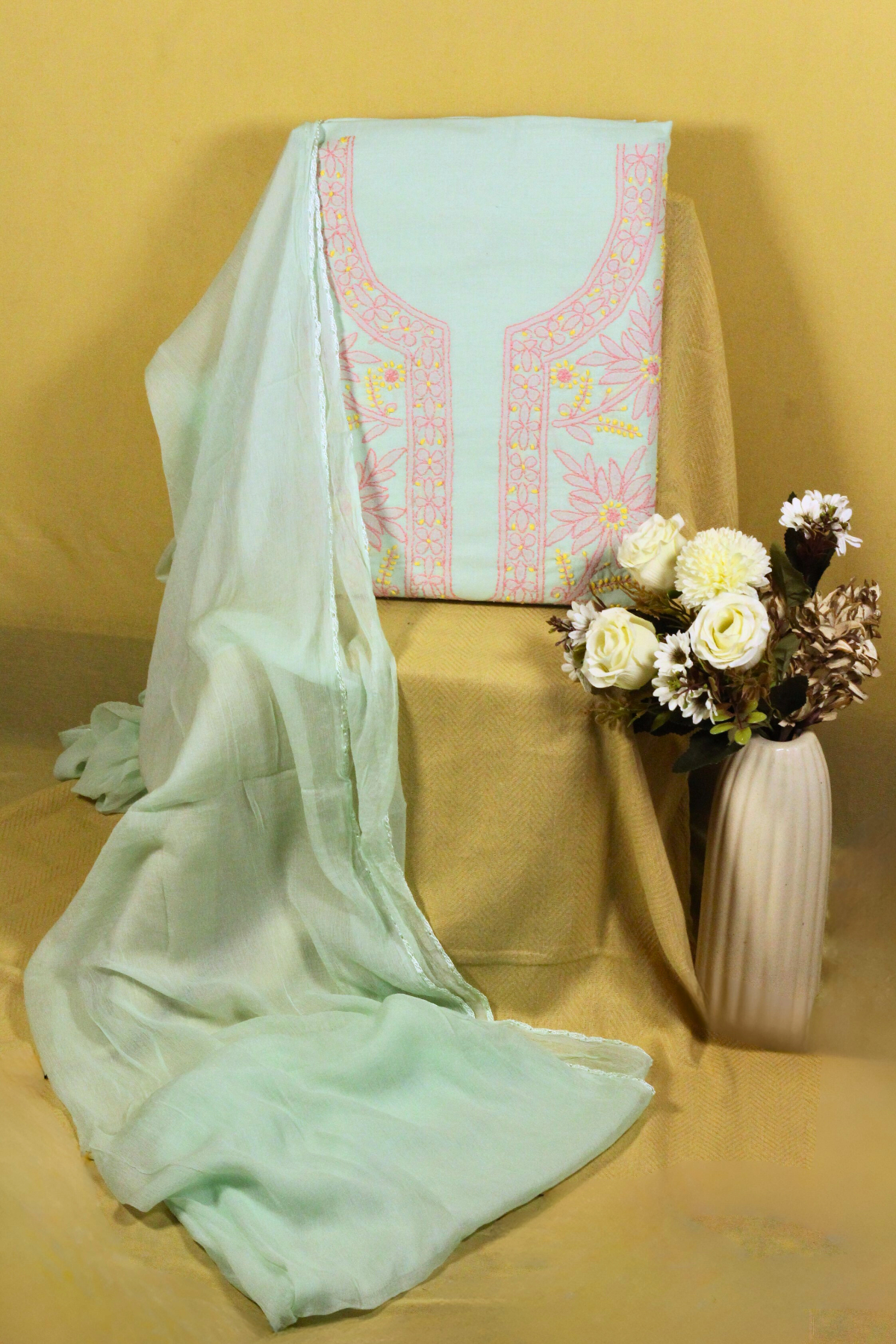Chikankari Contrast Embroidered Suit Set