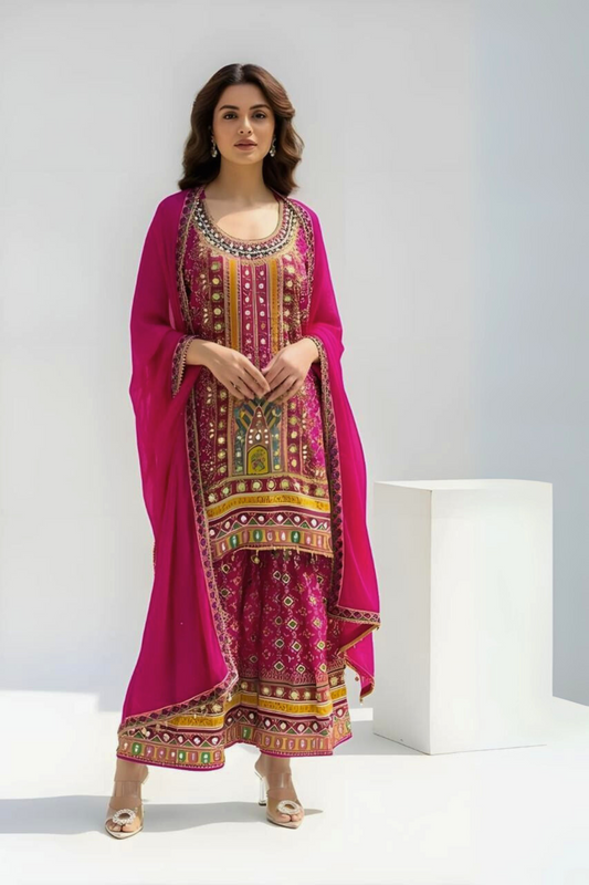 Magenta Chinon Gold Coin Tassles Sharara