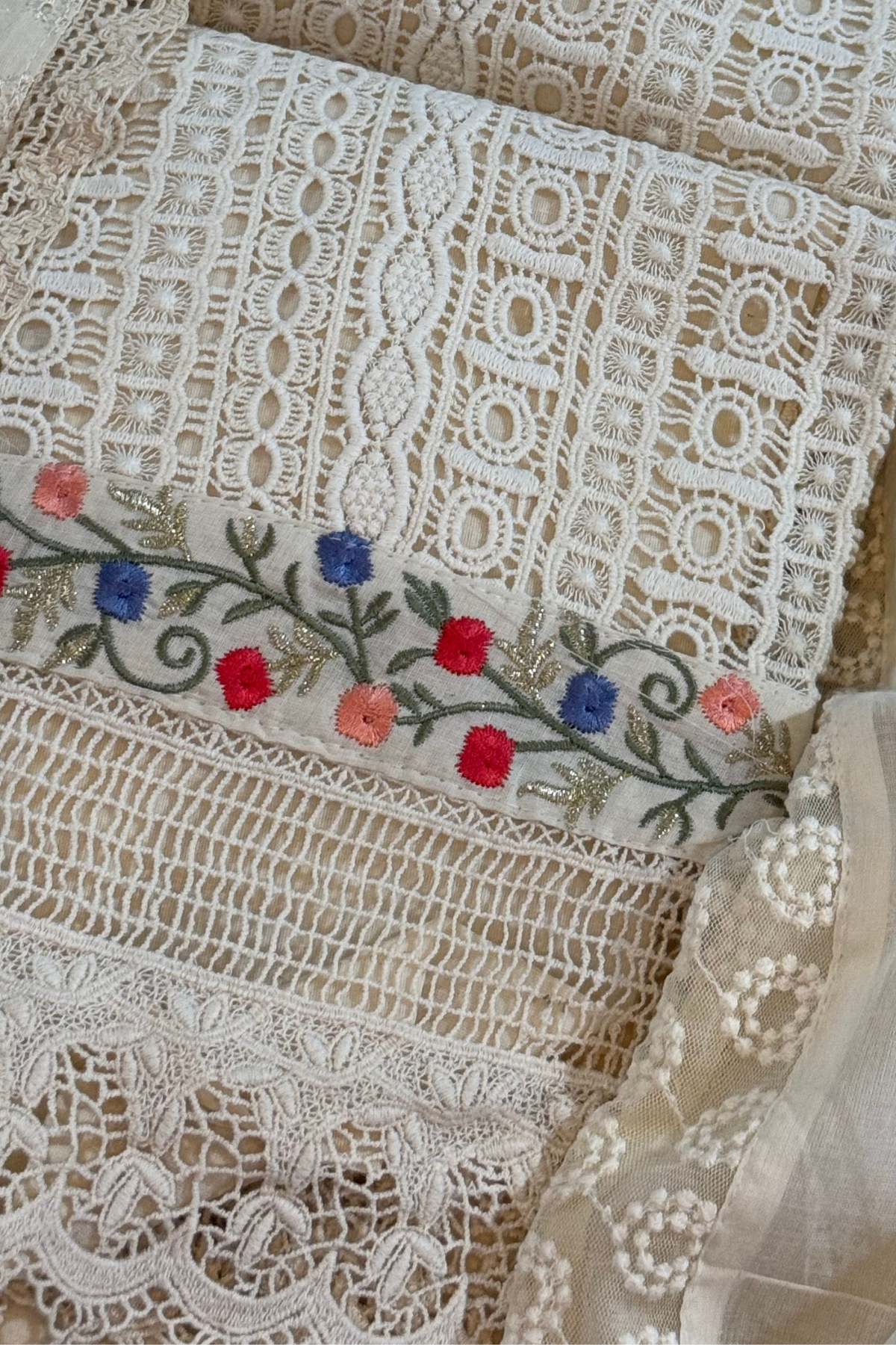 Crochet Lace Suit with Floral Embroidery