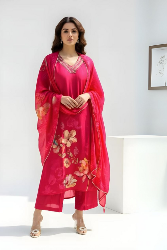 Hot Pink Silk Palazzo Set with Floral Print