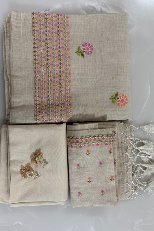 Natural Beige Floral Embroidered Suit Set