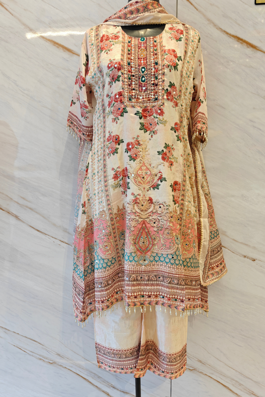 Cream Rose Garden Digital Print Suit Set