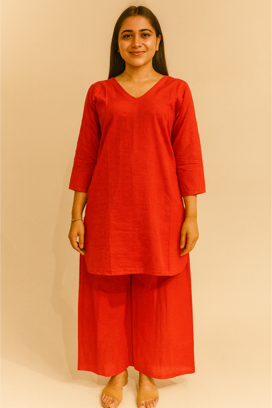 Red Cotton Plazzo Set