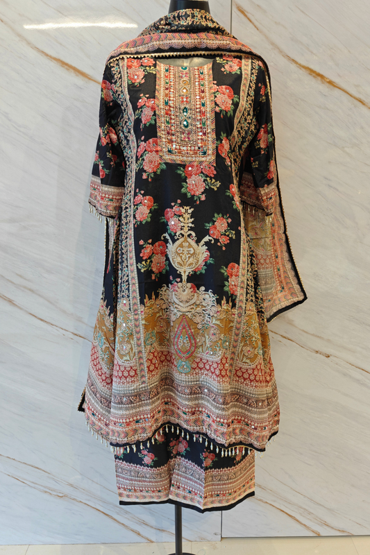 Black Rose Garden Digital Print Suit Set