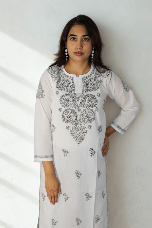 White kurti with black embroidery
