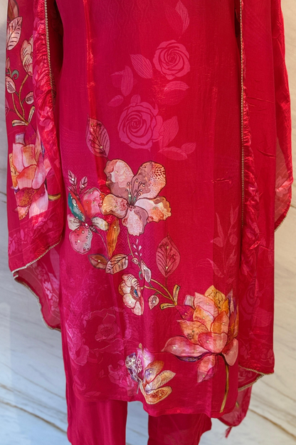 Hot Pink Silk Palazzo Set with Floral Print