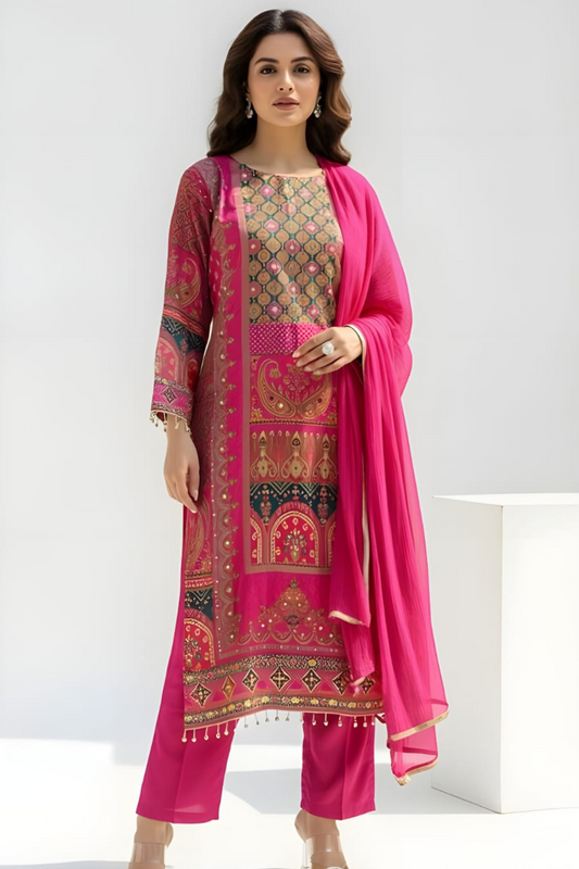 Jaipuri Print Chinon Suit Set with Bead Tassels