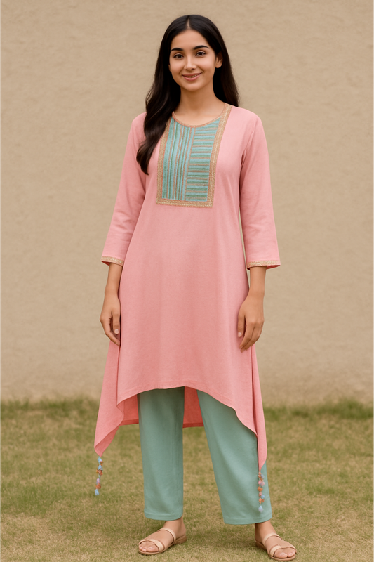 Pink Asymmetrical Kurta Set