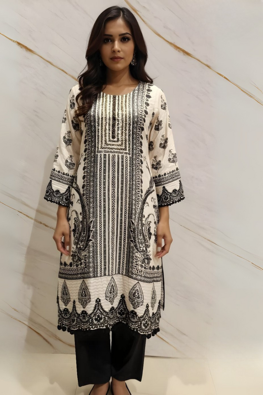 Monochrome Mul Cotton Printed Suit Set