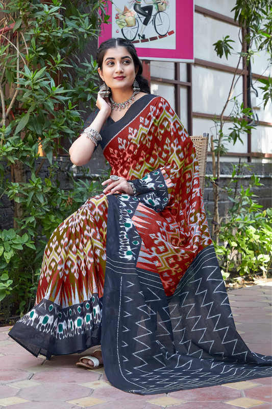 Red Grey Elephant Ikkat Cotton Saree