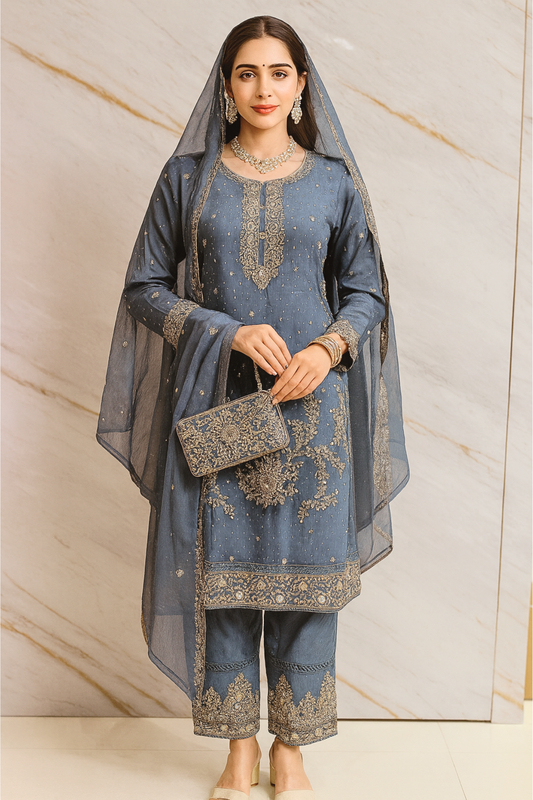 Blue Embelleshed Chiffon Ensemble with Cluch