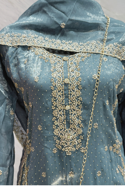 Blue Embelleshed Chiffon Ensemble with Cluch