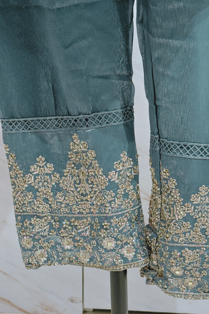 Blue Embelleshed Chiffon Ensemble with Cluch