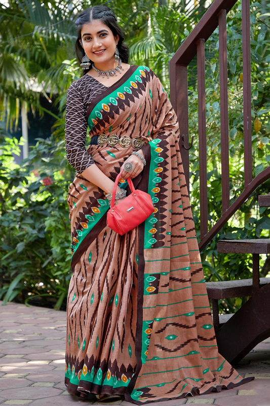 Beige Ikkat Cotton Saree