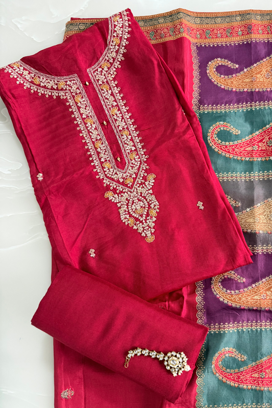 Red Silk  Suit with Paisley Dupatta