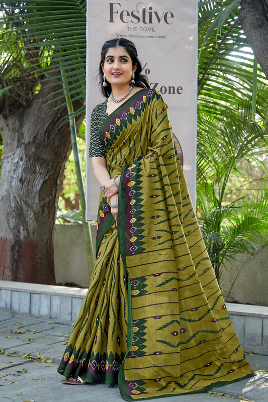 Olive Green Ikkat Cotton Saree
