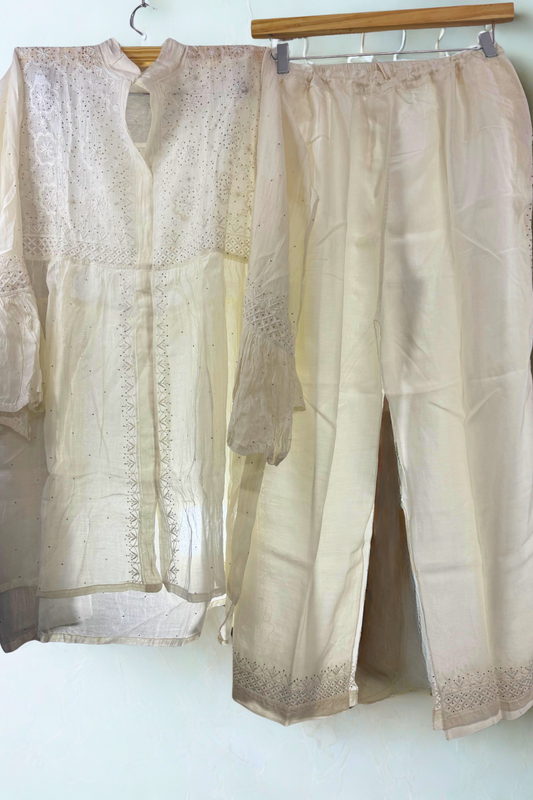 Semi-Stitched Muslin Set with Mukesh Dot Work