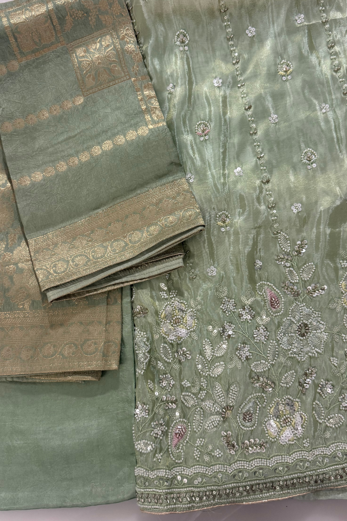 Green Shimmer Silk Beadwork Suit