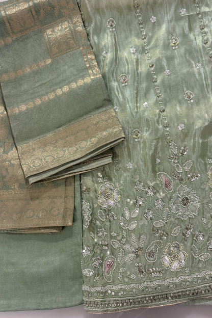 Green Shimmer Silk Beadwork Suit