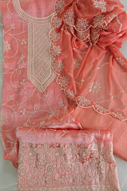 Peach Crush Silk Embroidered Suit Set