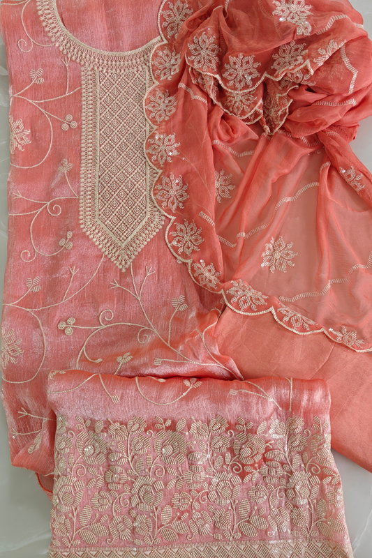 Peach Crush Silk Embroidered Suit Set