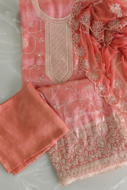 Peach Crush Silk Embroidered Suit Set
