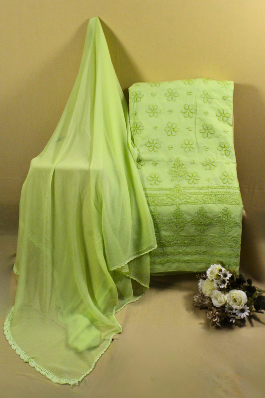 Cotton Chikankari Suit Set with Chiffon Dupatta