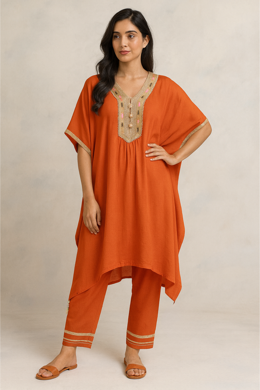Kaftan Style Kurta Set with Gold Embroidery