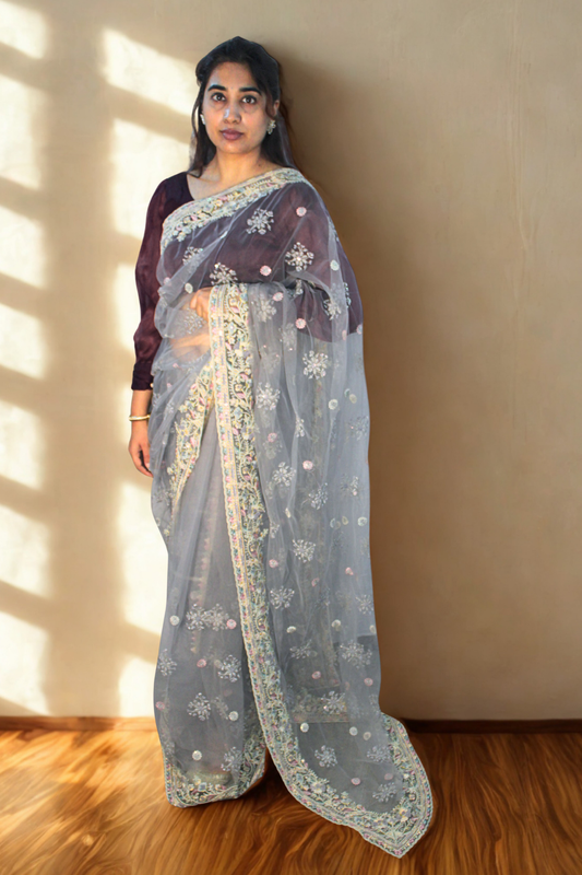 Grey Floral Net Saree