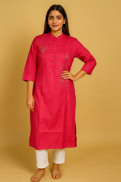 Pink Golden Leaves Cotton Kurti