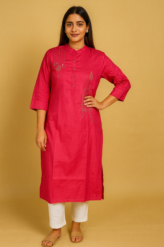 Pink Golden Leaves Cotton Kurti