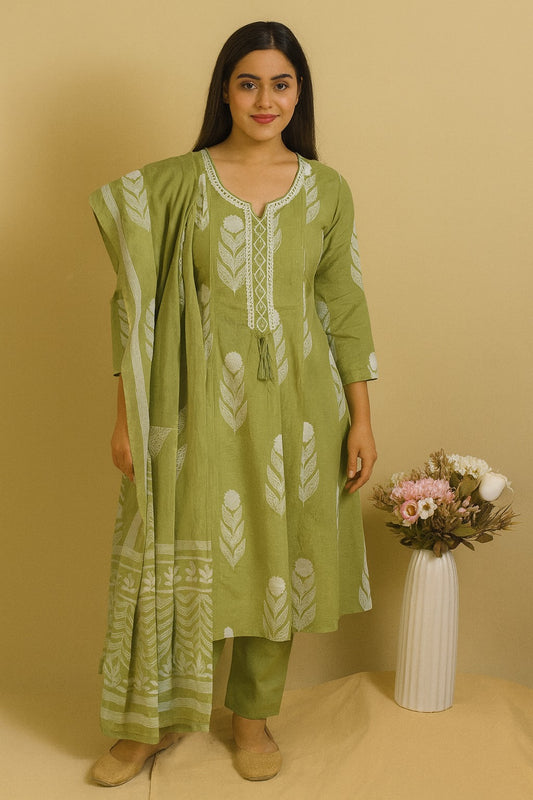 Cotton Suit Set with White Feather Print