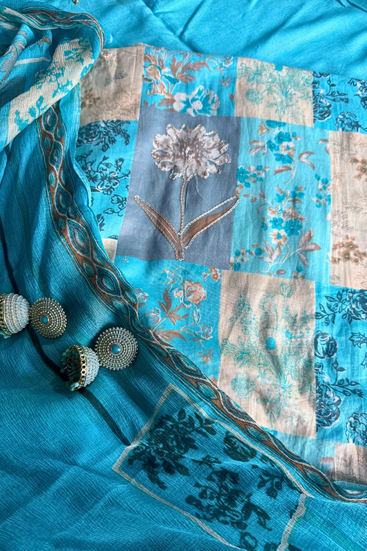 Blue Patchwork Suit Set