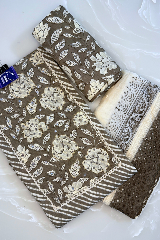 Brown Floral Cotton Suit Set