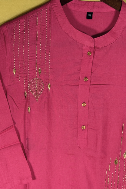 Pink Golden Leaves Cotton Kurti