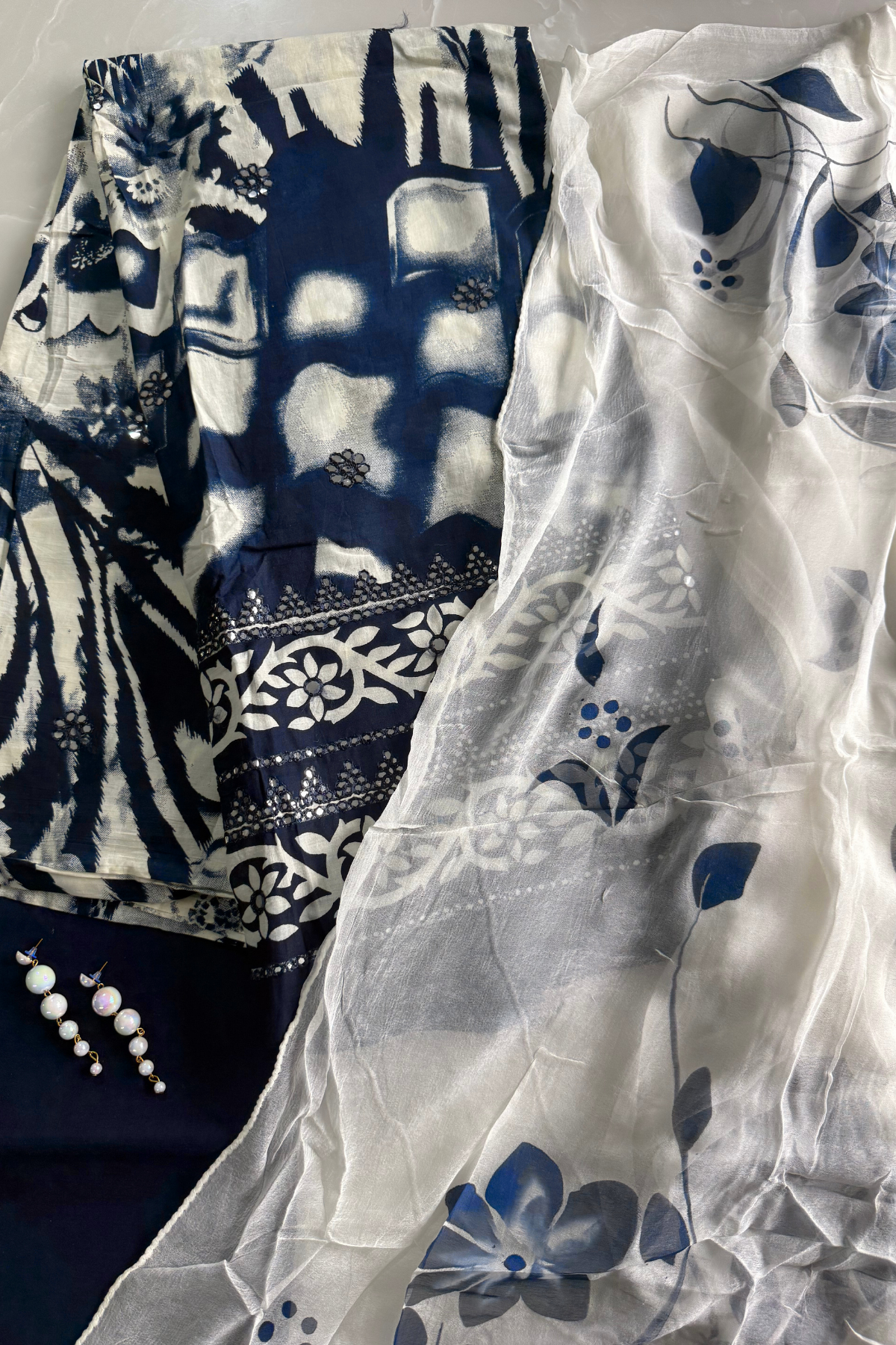 Navy Blue & White Cotton Suit Set