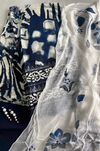 Navy Blue & White Cotton Suit Set