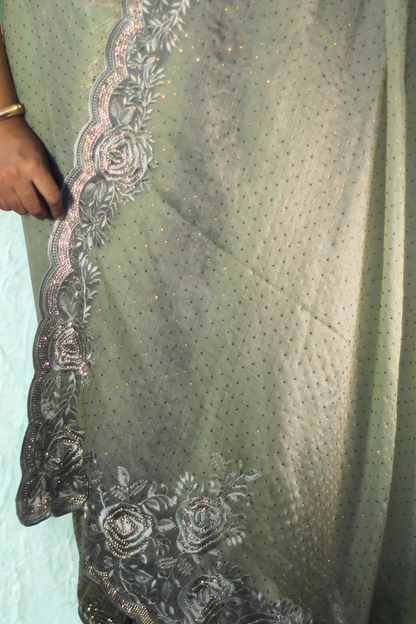 Green Rhinestone Tissue Saree
