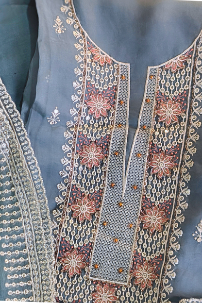 Greyish Blue Organza Suit Set